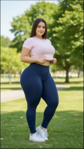 a woman is standing on a green park bench