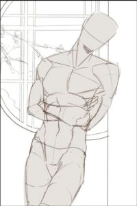 a painting of a man in a white shirt and black pants