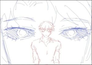 a painting of a painting of a woman with a blue and white striped shirt