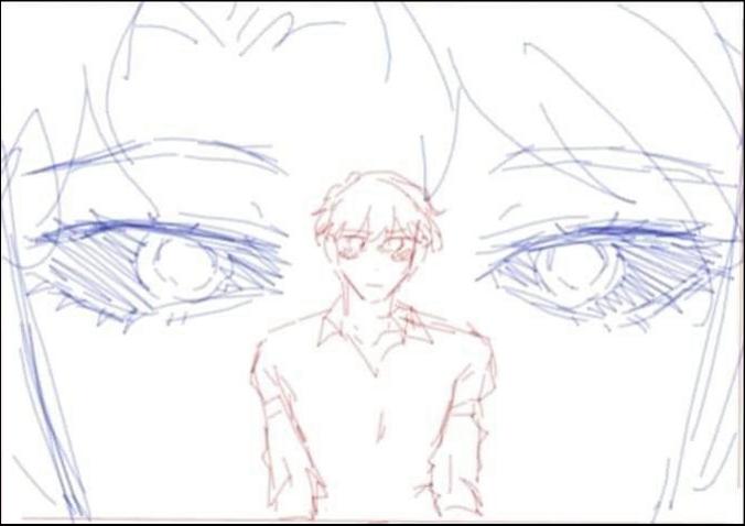 a painting of a painting of a woman with a blue and white striped shirt