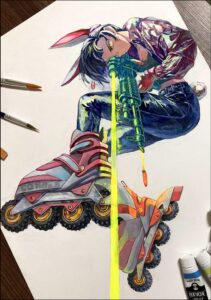 a pair of skateboards are decorated with colorful designs