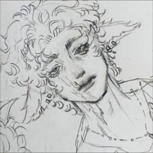 a painting of a person with a large, black bird on a white background