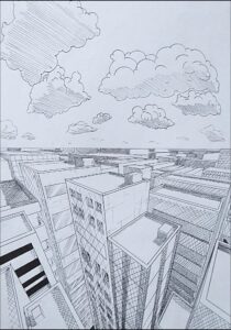 a snowy landscape with a building and a clock