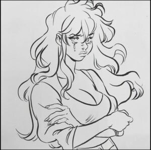 a painting of a man with a black and white striped neck