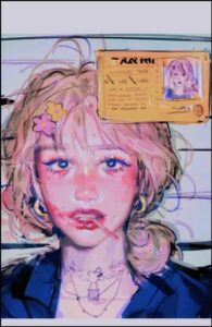 a woman with a sign on her head