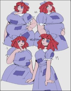 two women in a red dress and one in a blue dress