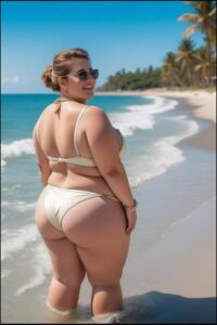 a woman in a bikini on a beach with a surfboard