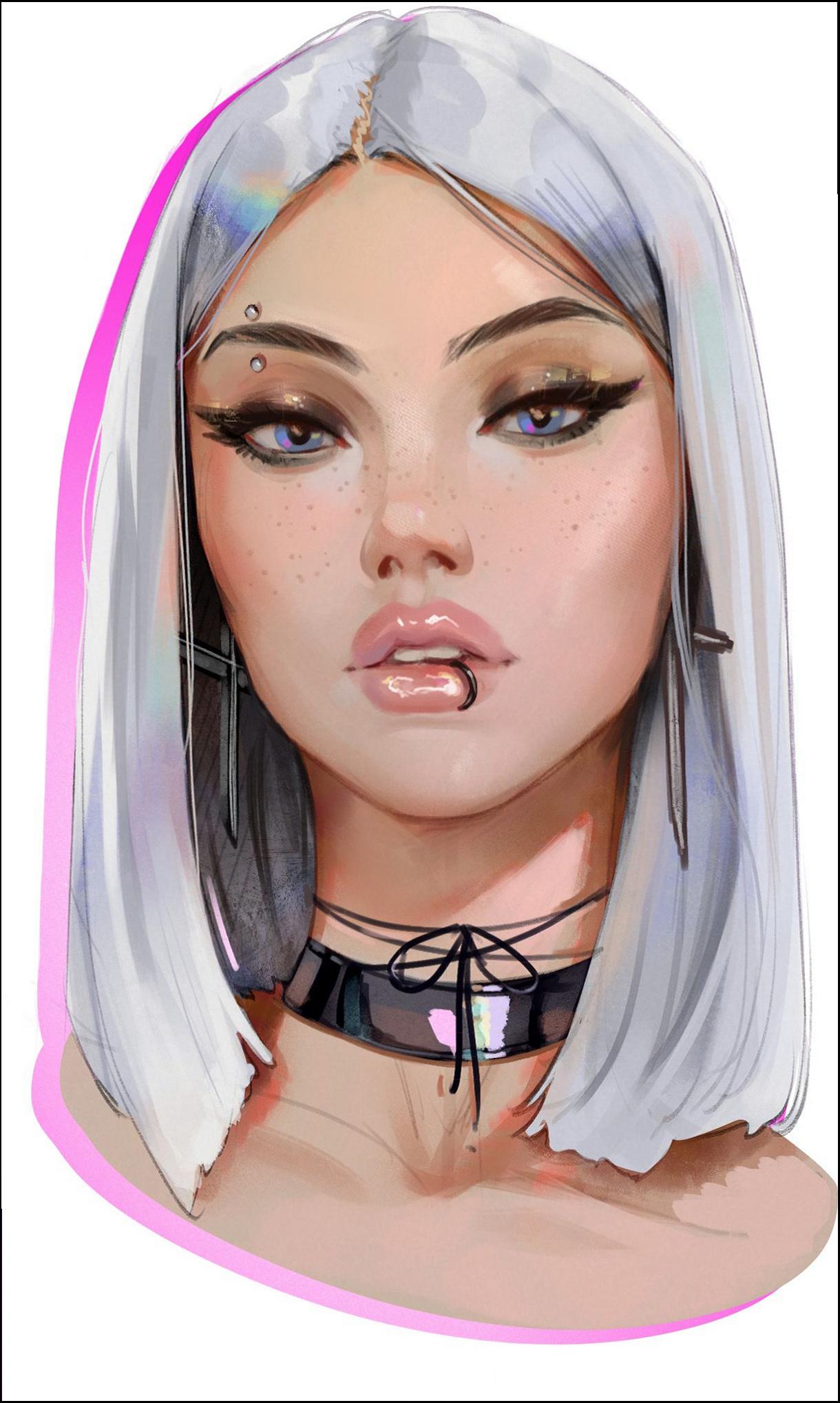 a woman with a red hair and a blue and white headdress