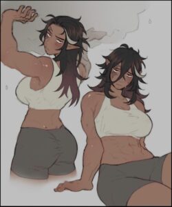 a woman is posing for a picture with a picture of a man