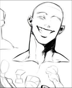 a painting of a man with a black and white striped neck tie