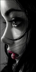 a woman with a red hair and a black nose