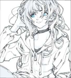 a painting of a woman in a black and white photo