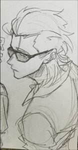 a painting of a painting of a woman on a white bench