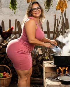 a woman is standing in front of a fire place