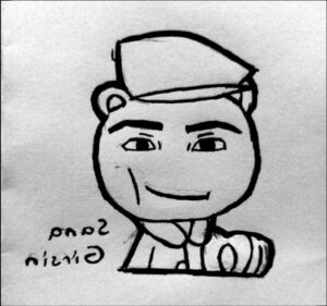 a painting of a man with a bird on his head