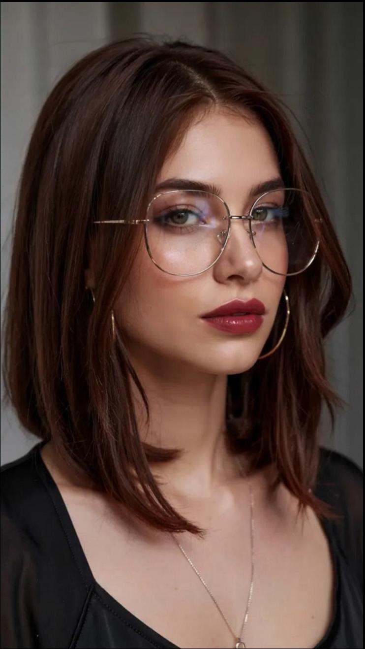 a woman with glasses and a black top