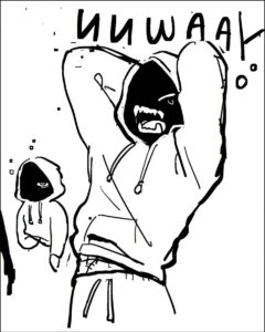 a painting of a painting of a man with a cat on his head