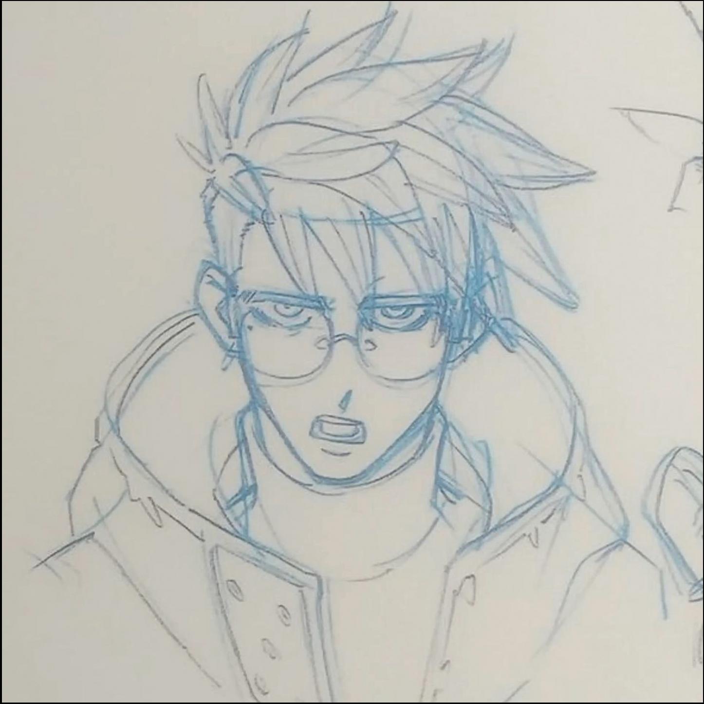 a painting of a painting of a person with a blue and white striped shirt