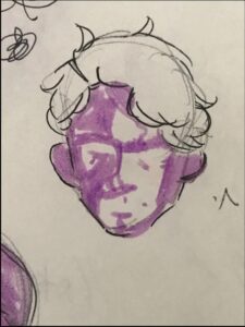 a painting of a woman with a red and white striped umbrella