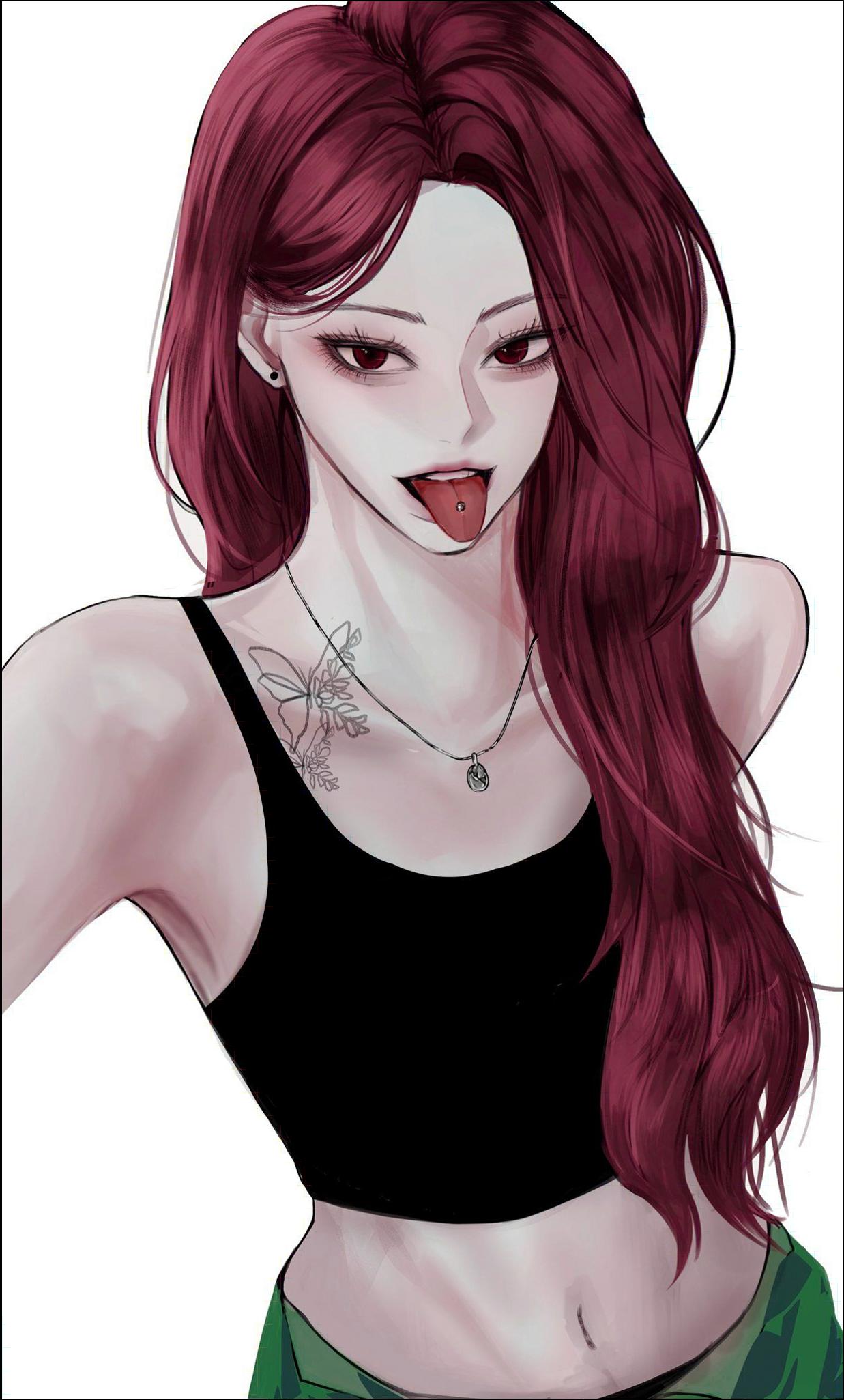 a woman with a red hair and a red tie