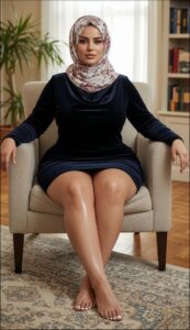 a woman in a black dress sitting on a brown chair