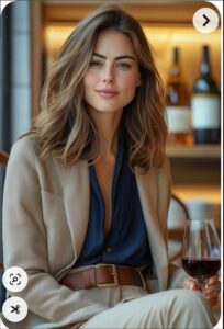 a woman sitting at a table with a glass of wine