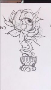 a painting of a person with a flower on a white background