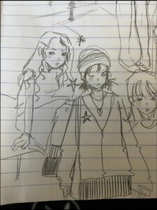 a painting of a painting of a person sitting on a bench