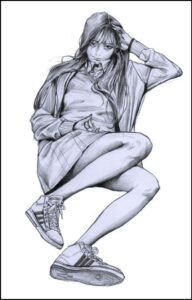 a woman is sitting on a wall with a shoe