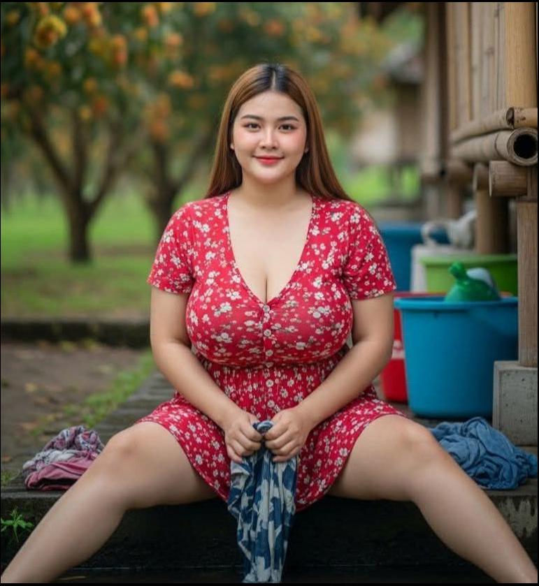 a woman sitting on a bench with a red flower