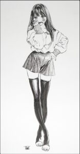 a woman is posing for a picture with a painting