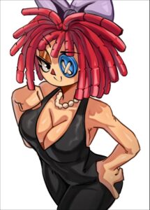 a painting of a doll with a red head and a red neck