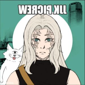 a woman with a picture of a cat on her head