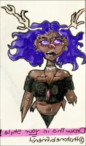 a painting of a person with a cat on their head