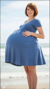a woman standing on a beach with a blue umbrella