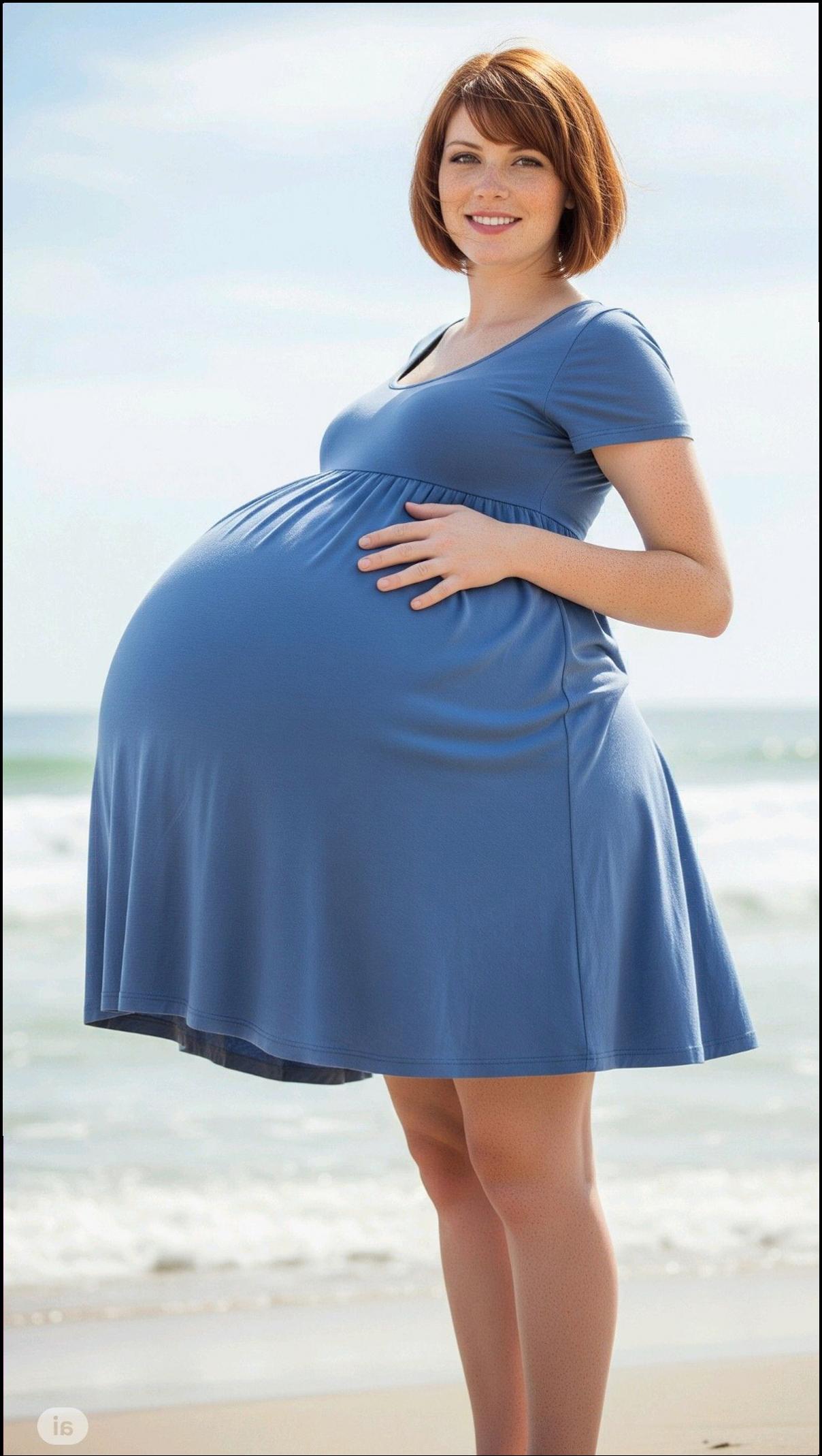 a woman standing on a beach with a blue umbrella