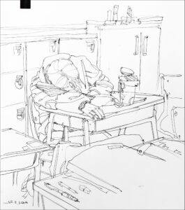 a painting of a group of birds on a snow covered ground