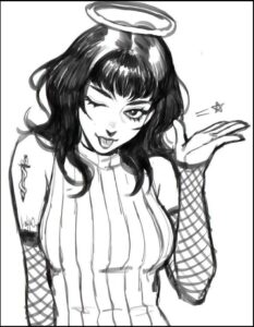 a woman with a hat and a picture of a cat