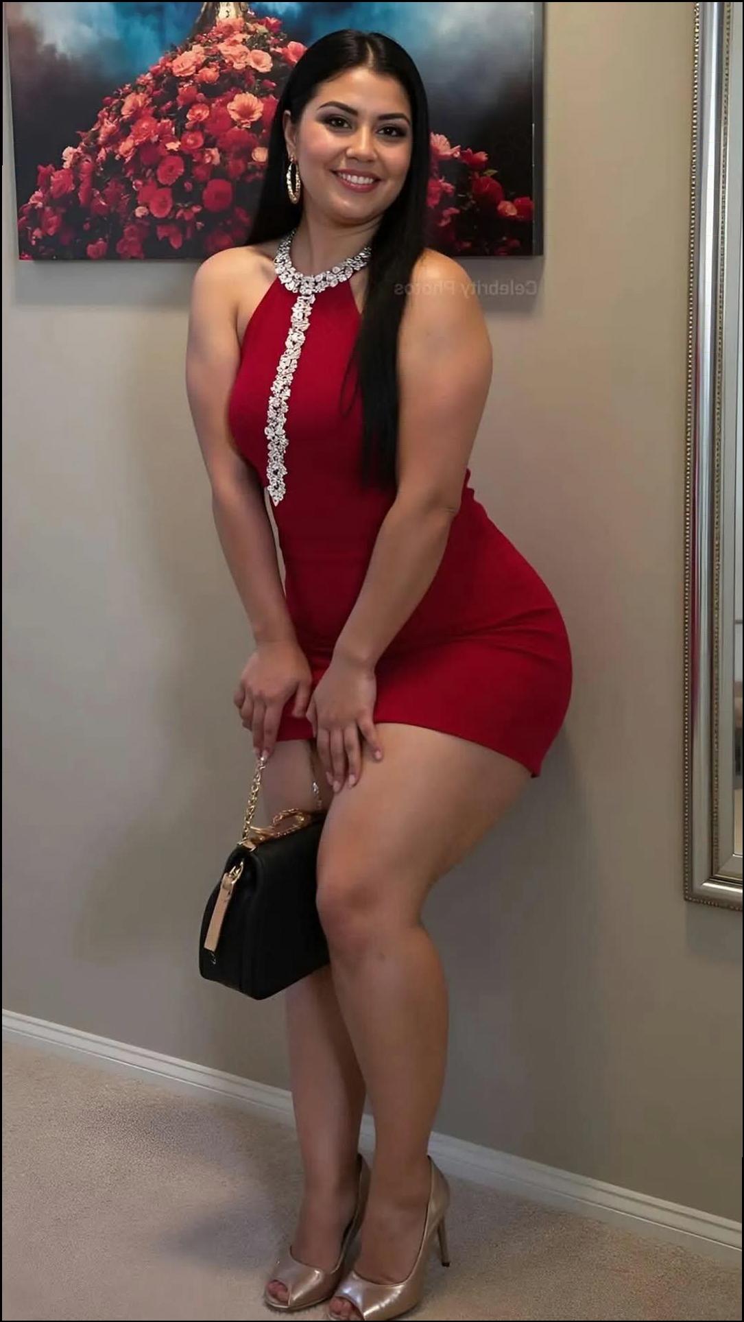 a woman in a red dress posing for a picture