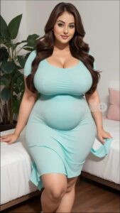 a woman in a blue top and a blue skirt