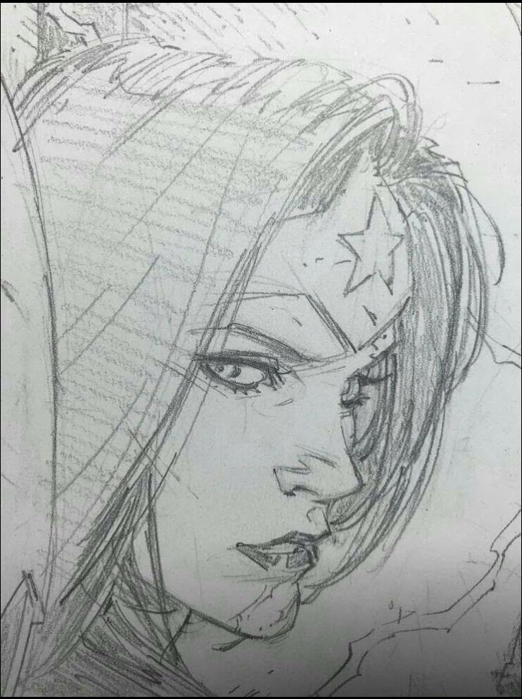 a painting of a woman with a black and white background