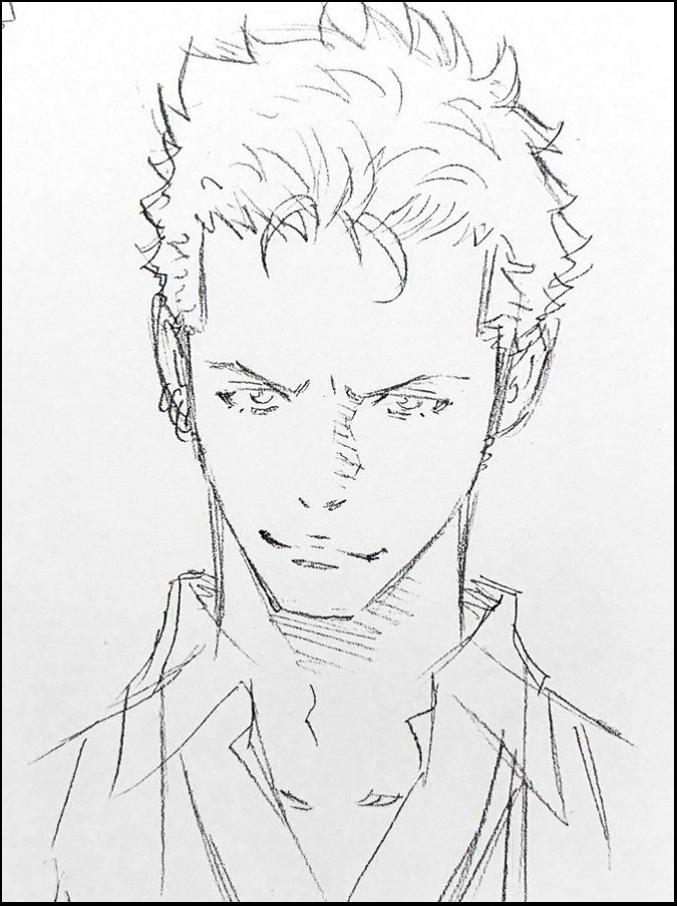 a painting of a man with a black and white striped shirt