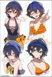 a woman with a cat on her head