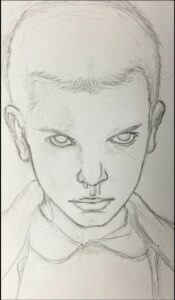 a painting of a woman with a large head