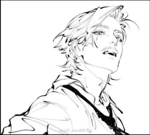 a painting of a man with a black and white striped shirt