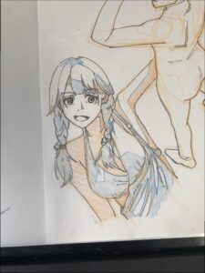 a painting of a woman sitting on a white bench