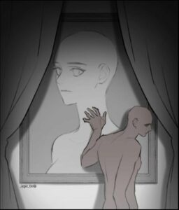 a painting of a woman in a black and white photo