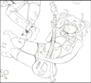 a painting of a woman in a black and white photo