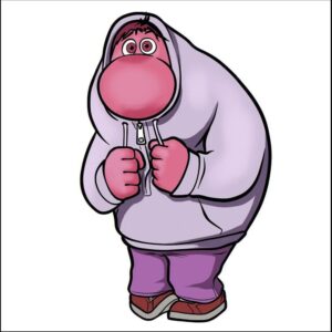 a stuffed animal with a red and white face