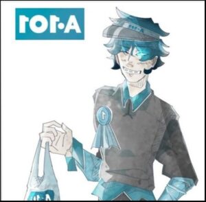 a woman with a cartoon character on her head